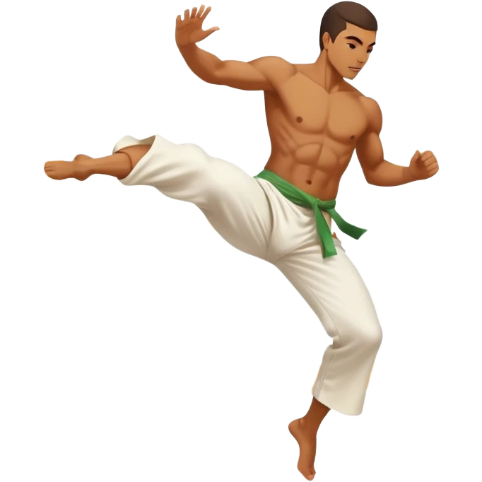 A Brazilian man as a capoeira fighter in mid-air performing a spinning kick, with Brazilian features, tan skin tone, wearing traditional white capoeira pants and a cord, vibrant and flowing pose, surrounded by motion swirls emoji