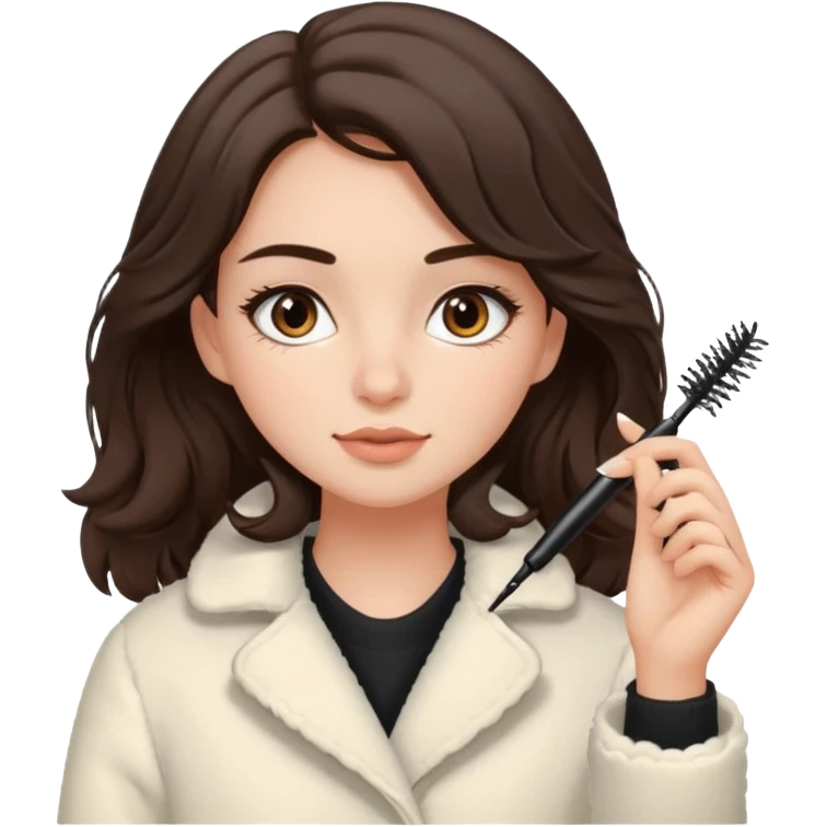 Garota branca de cabelos levemente ondulados castanhos escuros médio aplicando máscara de cílios, ela veste casaco off white estilo cozy emoji