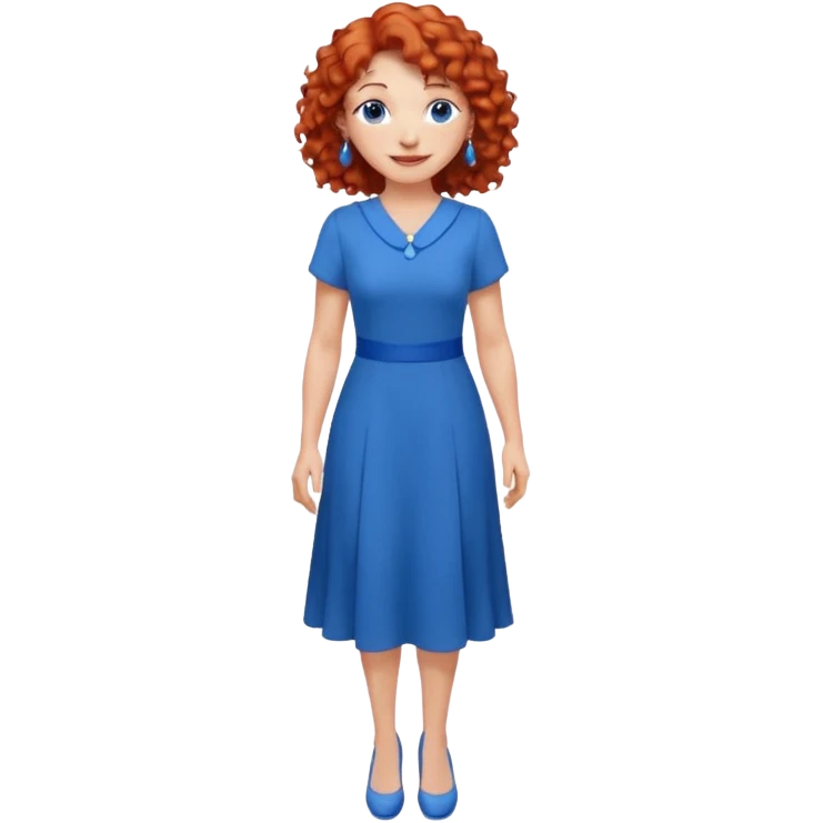 una profesora mayor simpática con el pelo rojo rizado, ojos azules, vestido azul y pendientes azules hablando sonriendo altura completa  emoji