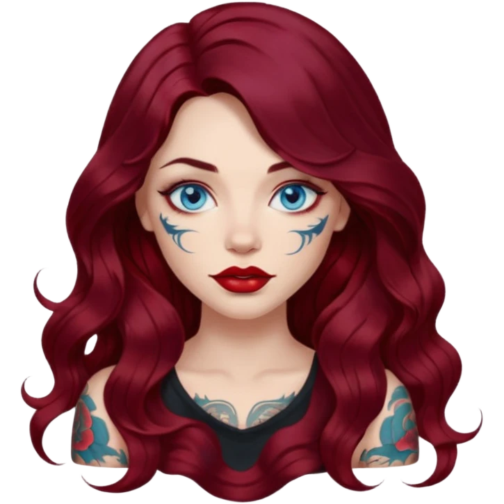 Realistic Female long wavy dark burgundy hair, blue eyes, large red lips, tattoos, artist emoji