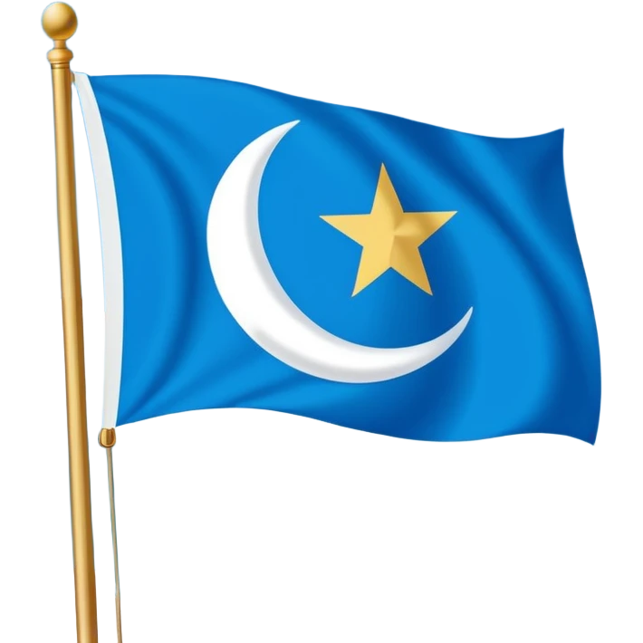 East Turkistan flag, bright sky-blue background, white crescent moon and five-pointed star in top-left corner, flat vector style, simple and clear design. emoji