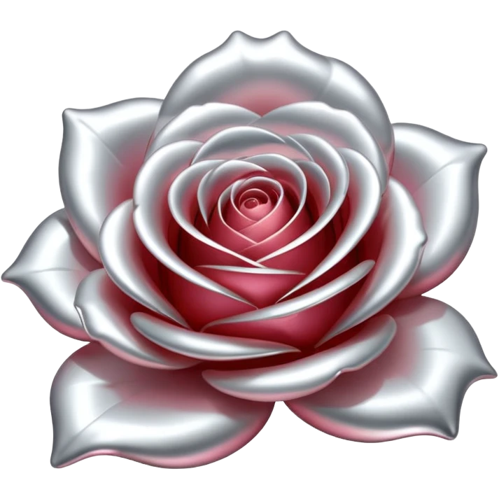 A rose emoji made of liquid silver metal, smooth metallic petals, reflective chrome surface, soft gradients, elegant shape, minimalistic iOS emoji style, centered, clean white background, realistic highlights, no text emoji