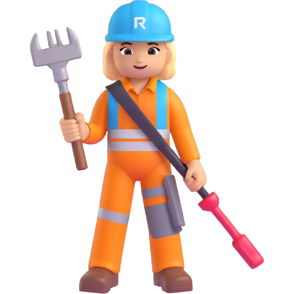 roblox character, holding a tool, playful expression, vibrant outfit, 3D style emoji