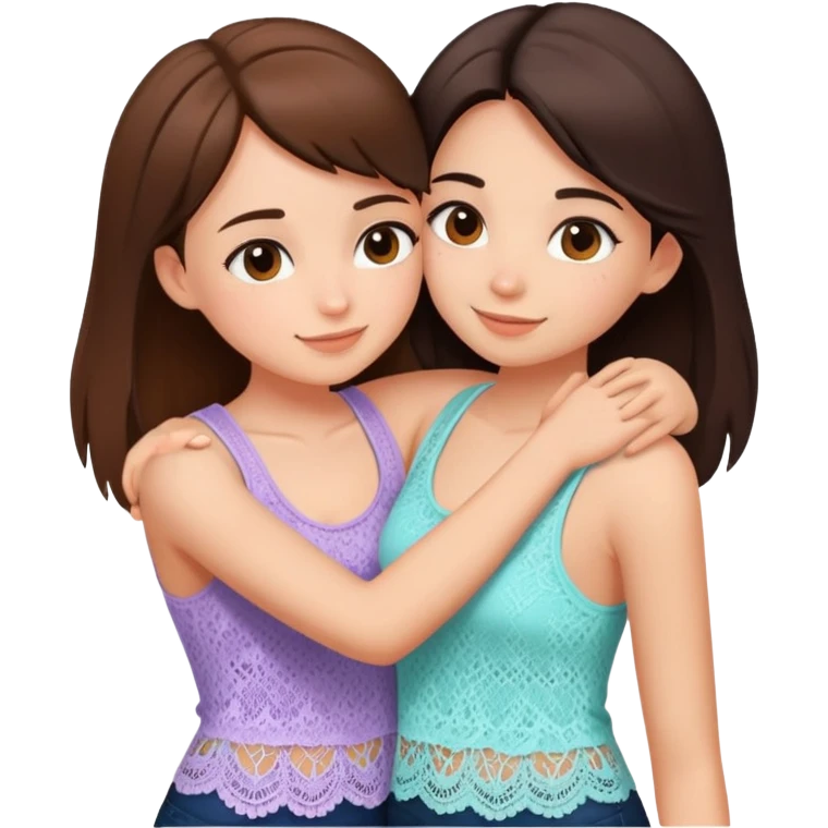 Two cute girl besties, one brunette, beautiful, hugging. They’re both wearing different Lacey tank tops emoji
