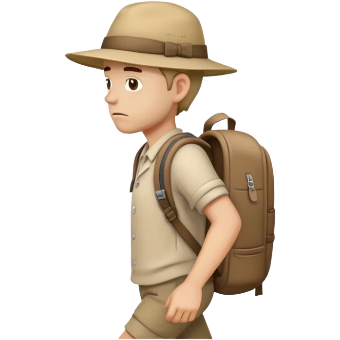 sad traveler man with beige skin tone wearing backpack and hat walking to the right, iOS style emoji