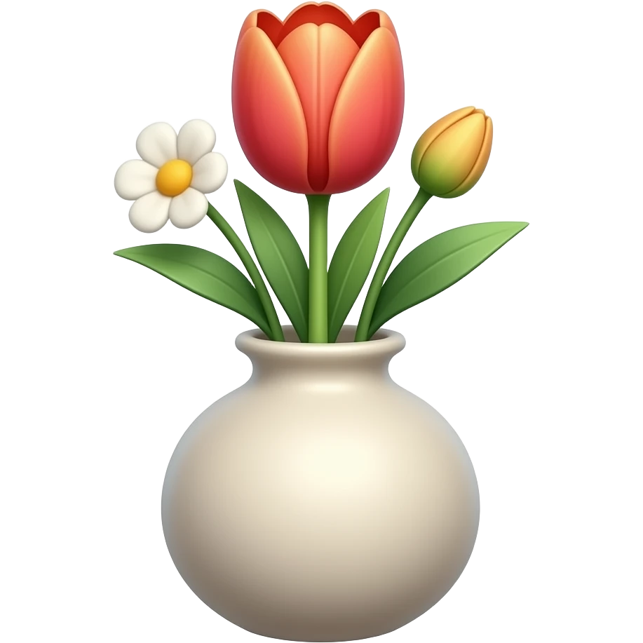 A short, plump, round vase in the center holds 3 flowers.

Center: Tulip

Left: Small, round-faced flower

Right: Small flower bud

A few leaves on both sides

Solid-color backgroundA bouquet of roses emoji