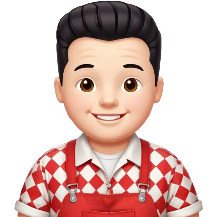 A cheerful, chubby boy with a retro 1950s diner aesthetic, wearing red-and-white checkered overalls and a white t-shirt. He has a playful, confident smile and a classic black pompadour hairstyle emoji