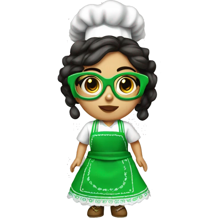 Mexican doll  big eyes green apron  with glasses cooking  emoji