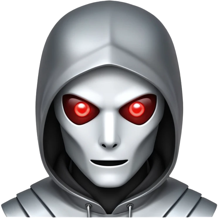 Evil robot hacker with glowing red eyes, dark hood, binary code, sinister expression emoji