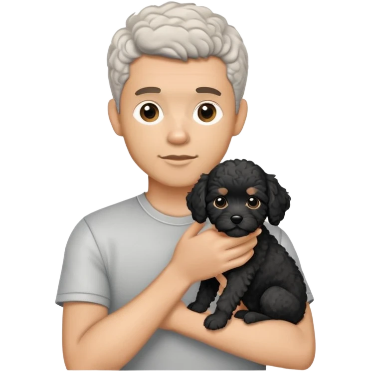 Man with short salt and pepper hair holding a black cavapoo puppy with a white chest emoji