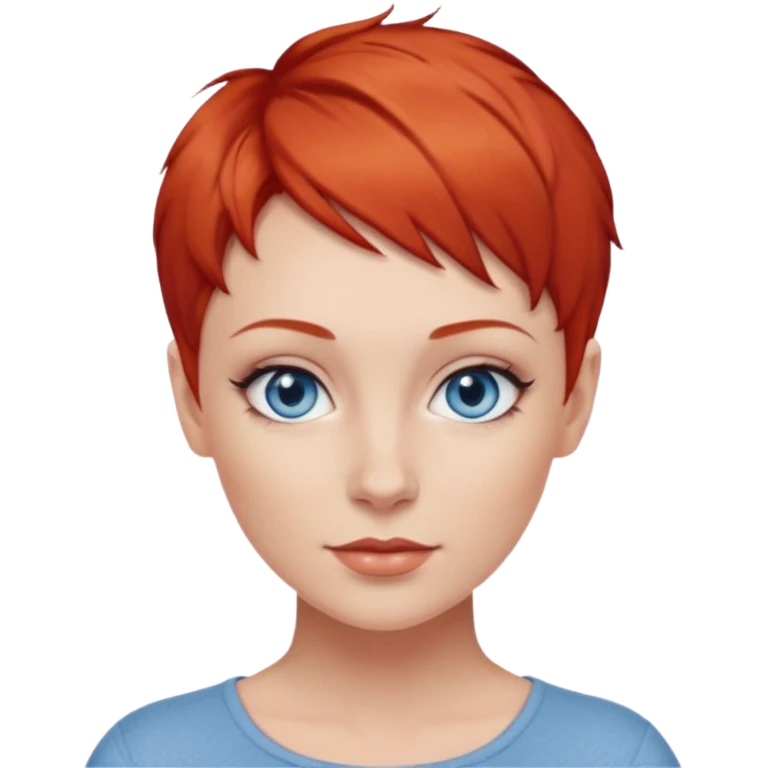 27 year old white woman, red hair, pixie cut, blue eyes emoji