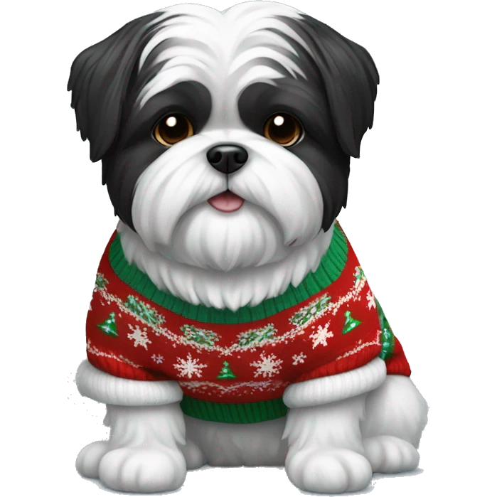 Black and white Shi tzu dog in Christmas sweater emoji