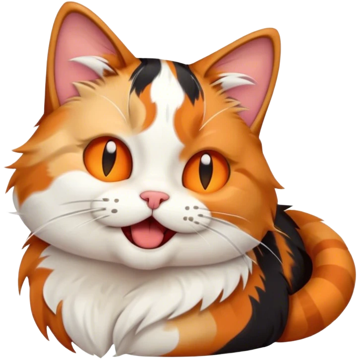 Cinematic Cute Yawning Calico Cat Portrait Emoji, Head tilted mid-yawn with a charming, relaxed expression, showcasing a soft patchwork fur of vibrant orange, black, and white, simplified yet irresistibly adorable, highly detailed, glowing with a cozy, gentle radiance, high shine, exuding sleepy yet endearing charm, styled with a soft glowing outline, capturing the essence of a calico cat caught in a delightful yawn that seems ready to cuddle up for a nap! emoji