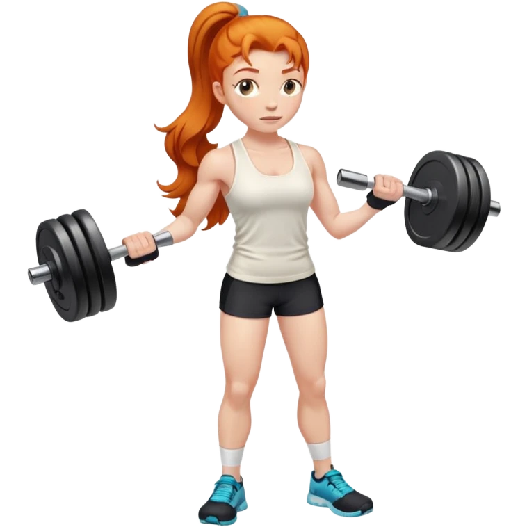 Ginger gym girl standing sideways with dumbbells and cream tank top emoji