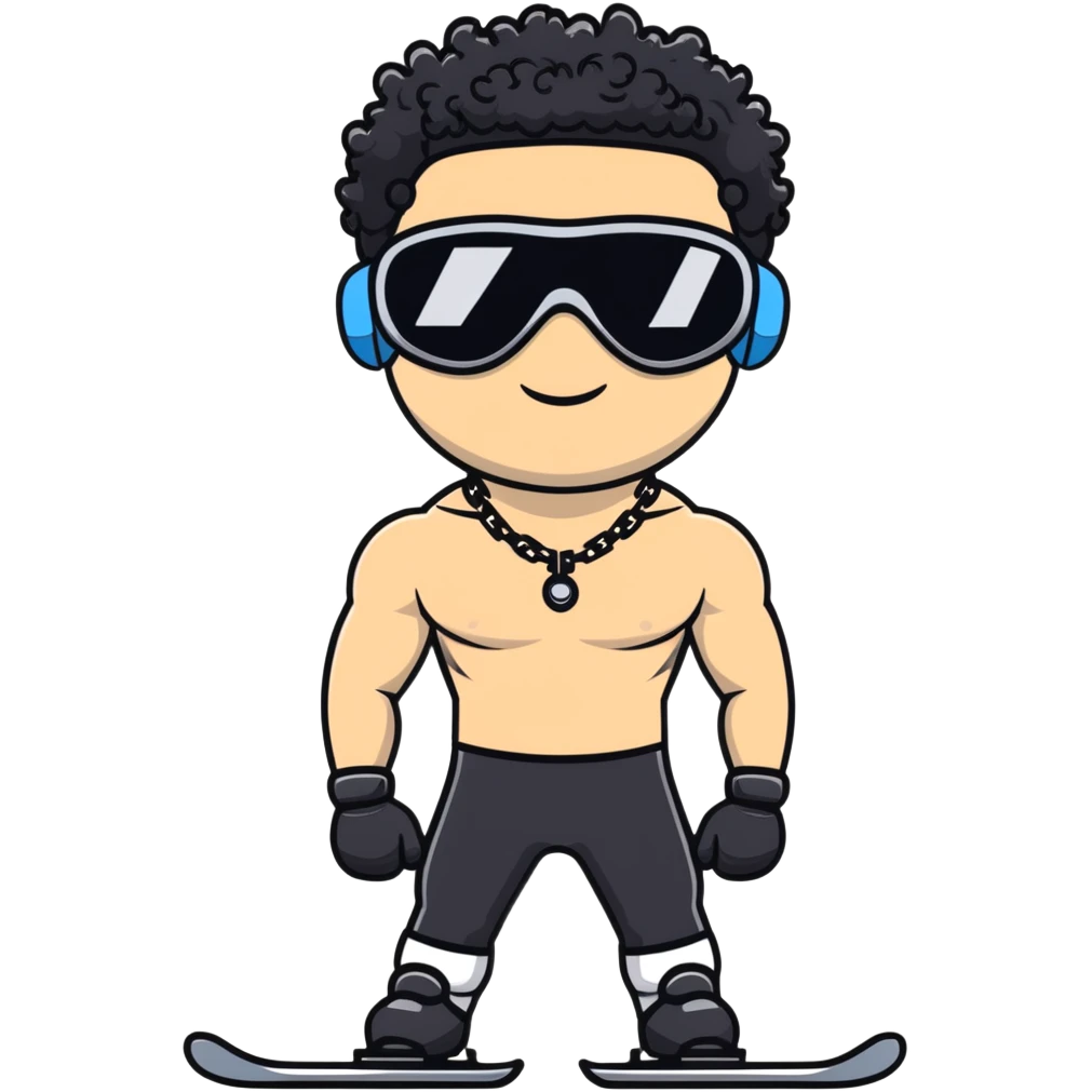 shirtless male athlete with white skin and moderately curly black hair on top with shaved sides, wearing black ski goggles with very dark heavily tinted black lenses that completely hide the eyes, and a simple plain black chain necklace, no earrings emoji