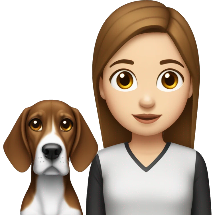 Girl with brown hair and a treeing walker coonhound who is black and white with little bown emoji