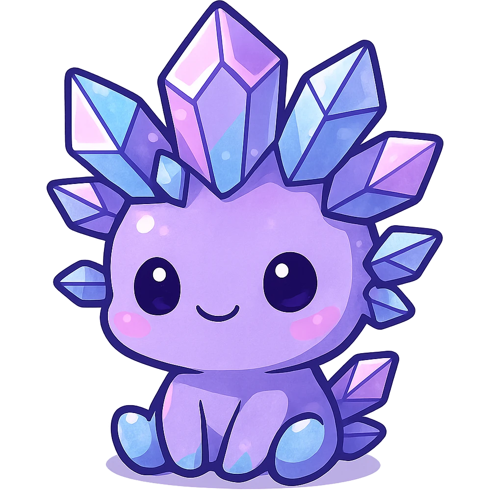 chibi kawaii crystal sprite creature in purple, blue, and pink colors, sitting pose, cute and adorable emoji