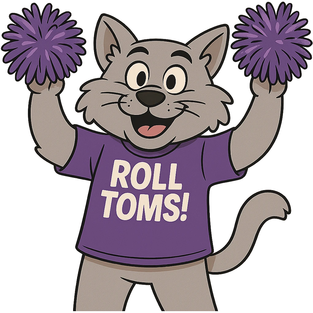 Make Tommie the Tomcat look more cartoonish, cheering with pom-poms, keeping the purple t-shirt with 'Roll Toms!' text, no background. emoji