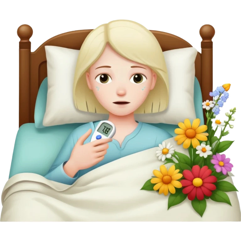 sick person in bed with thermometer and flowers emoji