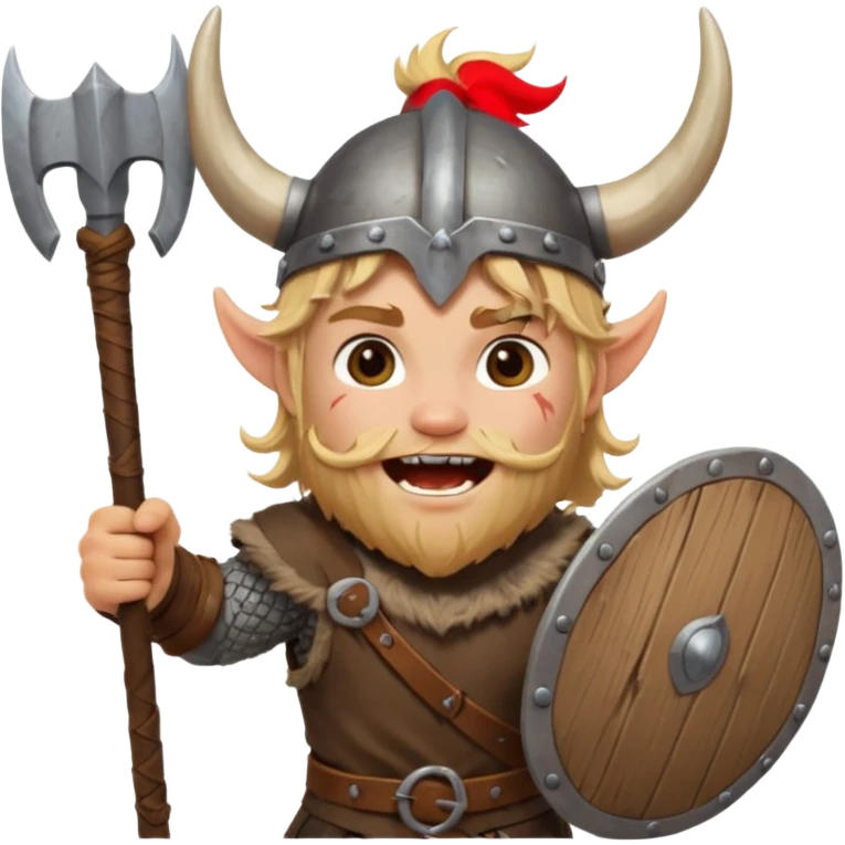 A young Viking warrior with messy hair painted cheeks, wooden shield, and fierce excited grin with horned helmet emoji