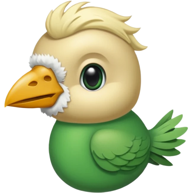 un oiseau classique de profil tout vert même sa tête  et un seul poil blond qui fait une petite bouclette sur le front avec le collier argenté avec des ronds attachés au collier est autour du coup de l’oiseau entre la tête et le corps emoji