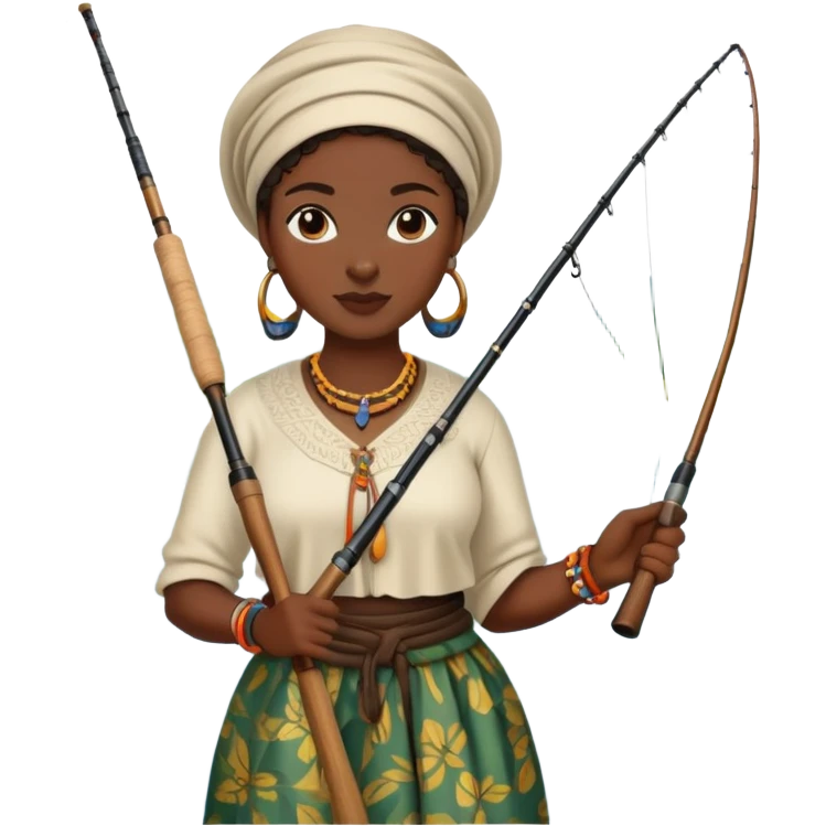 African woman fishing in the river, traditional clothing, holding fishing rod emoji