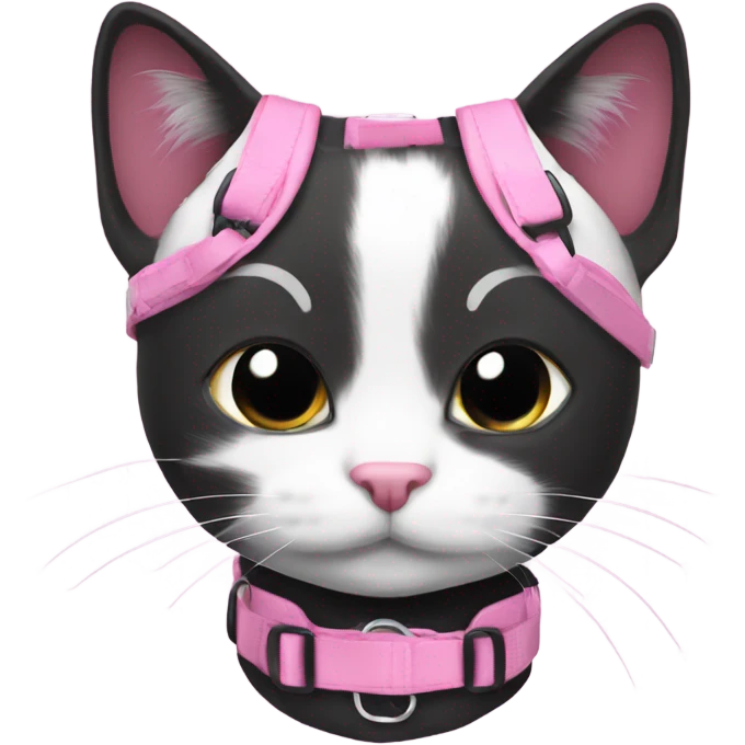 Black and white cat in pink harness emoji