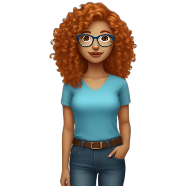 pretty girl with curly copper hair and blue glasses holding a big banner emoji