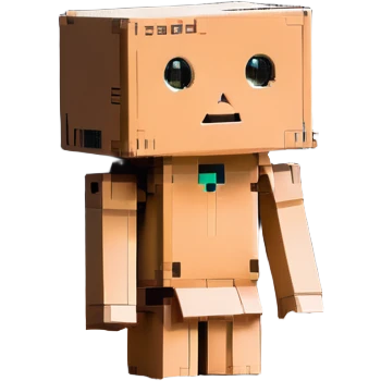 Danbo, a toy-like cardboard robot, in a softly lit, warm room with wooden floor, clean lines, pastel colors, nostalgic cartoon style emoji