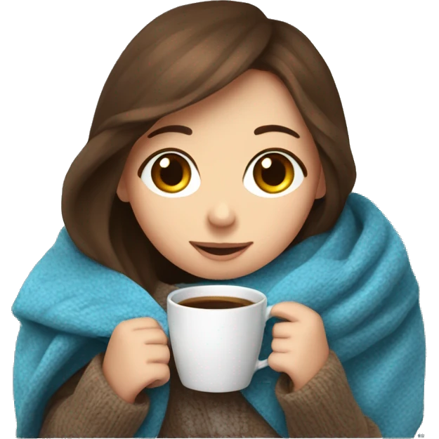 Brown hair blue eye Girl drinking coffee, with a cozy blanket emoji