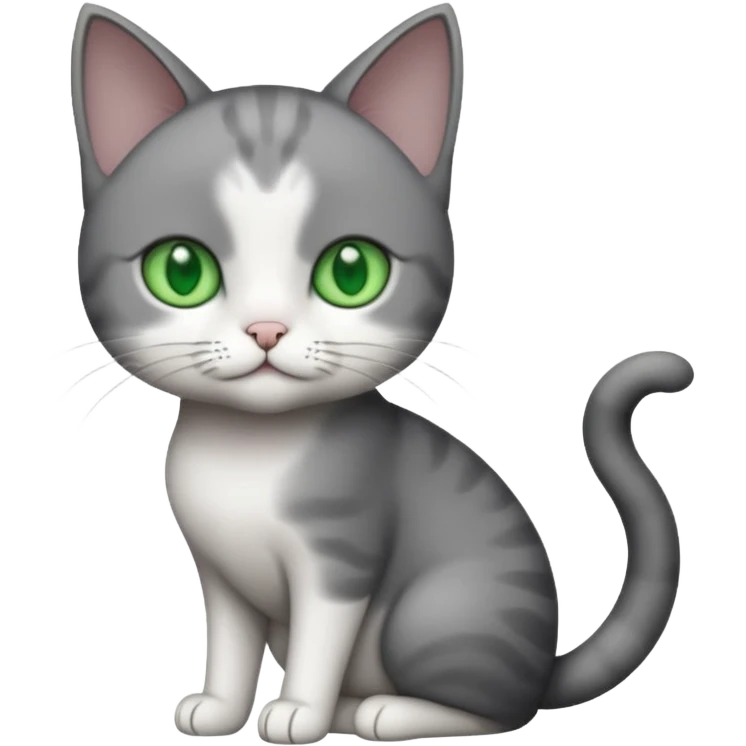 full body small short hair dark grey and white cat with green eyes emoji