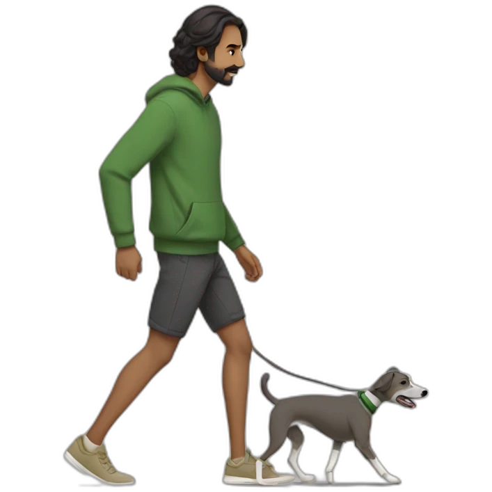 an indian man wearing a green sweatshirt, beige shoes, long hair, no beard, black shorts, walking, side profile, one hand raised slightly below waist level walking a whippet emoji