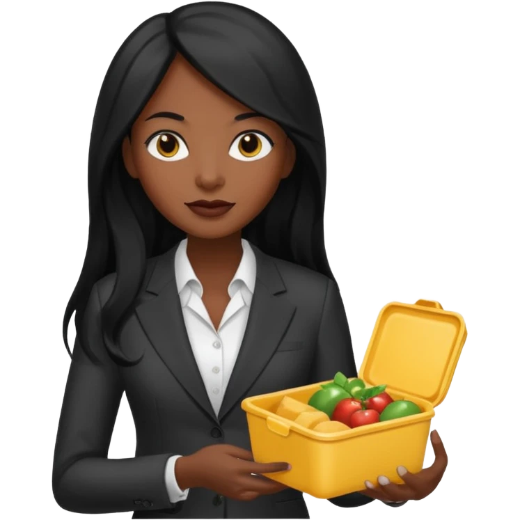 dark long haired woman with suit holding food container emoji