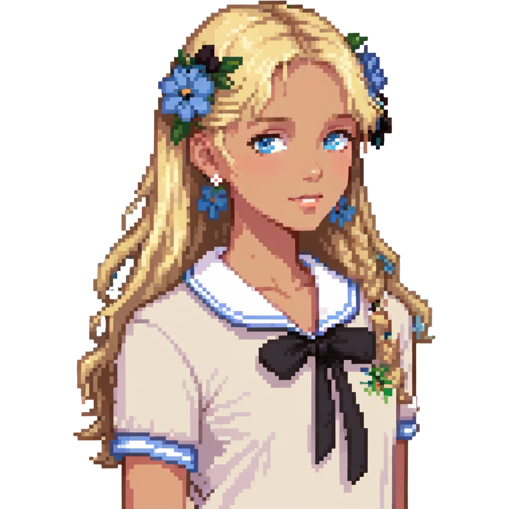 preppy coastal teen girl with blue eyes, beach blonde hair, tan skin, small flowers in her ear, preppy beach outfit emoji
