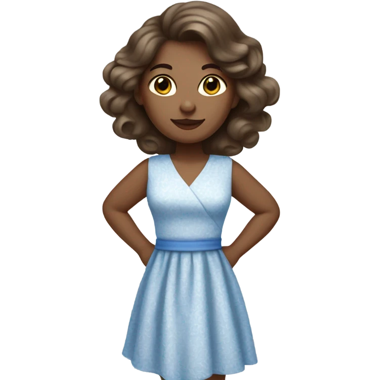 Woman with curled brunette hair, hazel eyes, ivory skin, wearing a blue summer dress   emoji