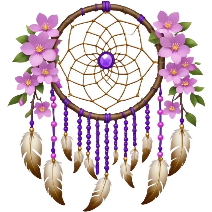 A white-birch-Dreamcatcher. with purple-round-orbs, gold-rings hanging down. purple flowers, pink sakura flowers, emoji
