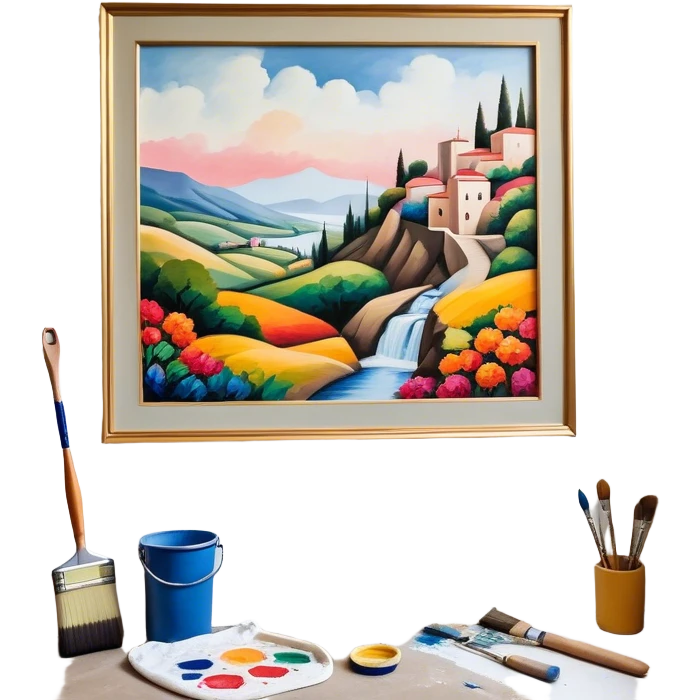 Create an icon that represents the wall painting, featuring a wall with a beautiful painting in progress. The design should include part of the wall decorated with colorful patterns or a mural, a paintbrush and a roller . The icon should show the process of creating the artwork, with the brush strokes visible on the wall, symbolizing the artistic nature of the craft. The composition should be balanced and harmonious, evoking creativity and skill. The background should be transparent. emoji