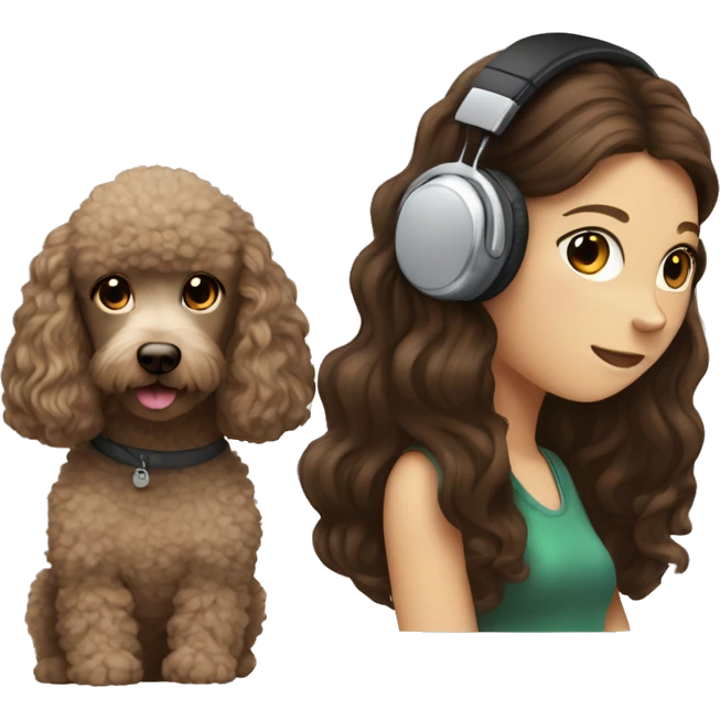 White girl, dark long hair in headphones with brown poodle emoji