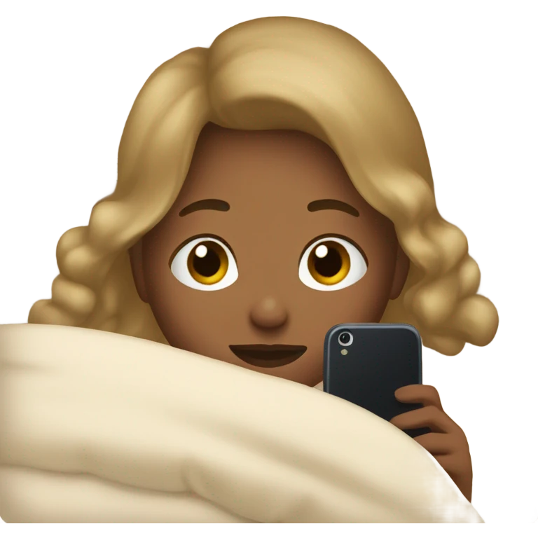 girl on her phone in a bed with a beige comforter  emoji