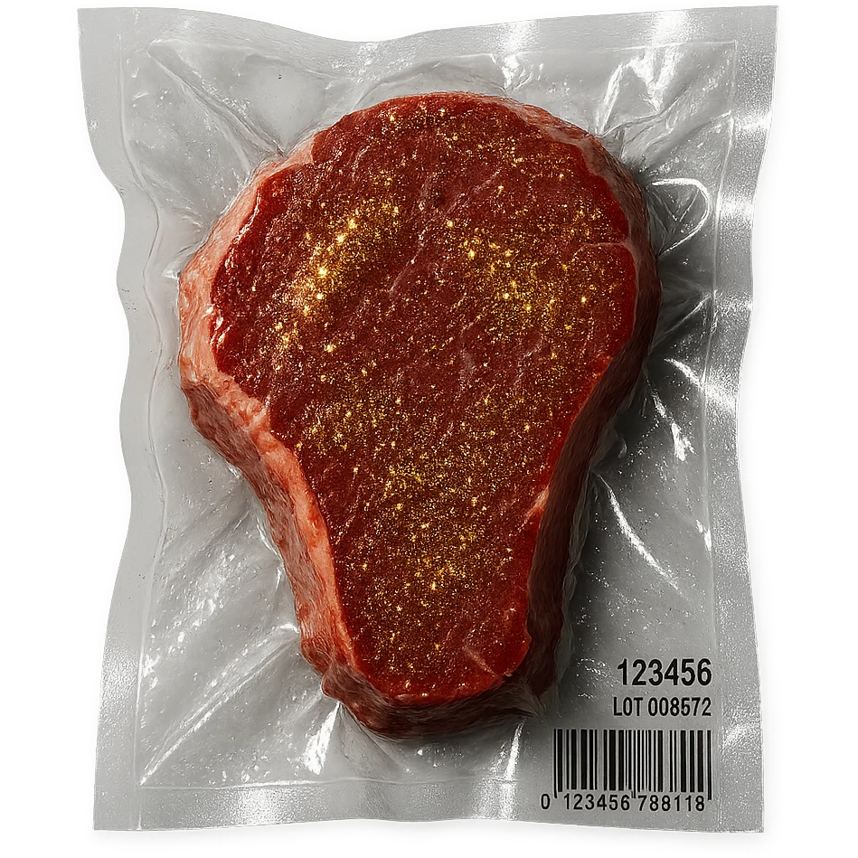 steak with gold sparkles and highlights, shiny and inflated emoji