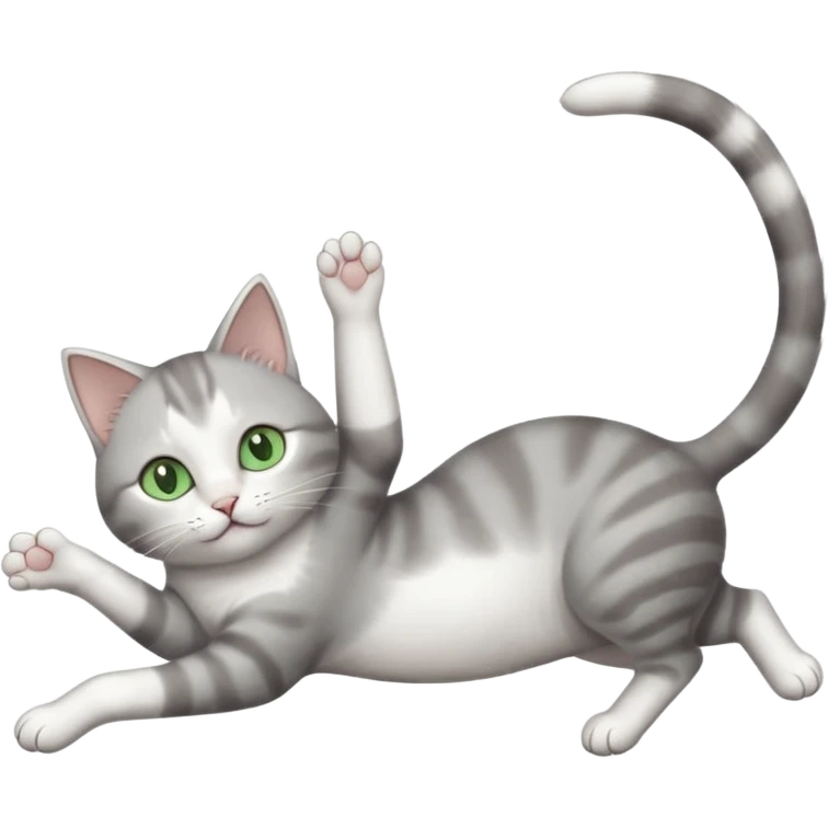 grey and white cat with green eyes doing a big extremely long stretch reaching up into the air with arms and legs side by side together straight and overextended whilst lying on its side emoji
