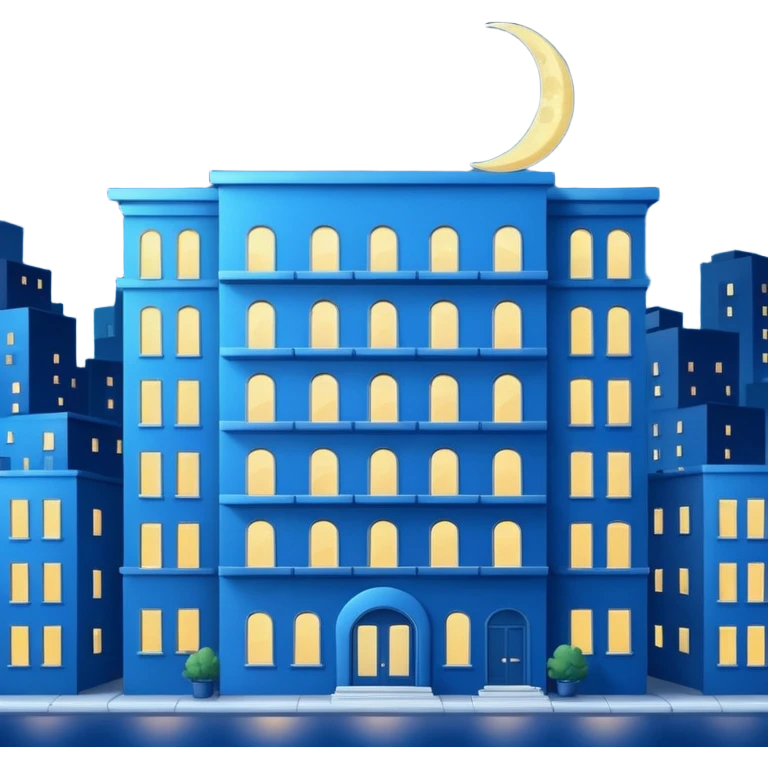 blue apartment building at night with a crescent moon emoji