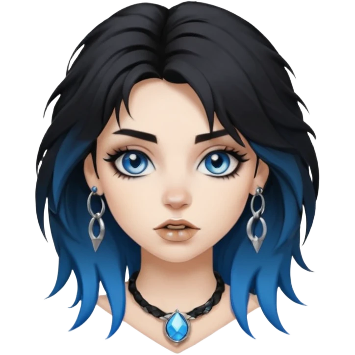 
 rockstar girl with black disheveled hair, blue eyes, Smokey eyes grunge makeup, ring on the side of the nose emoji