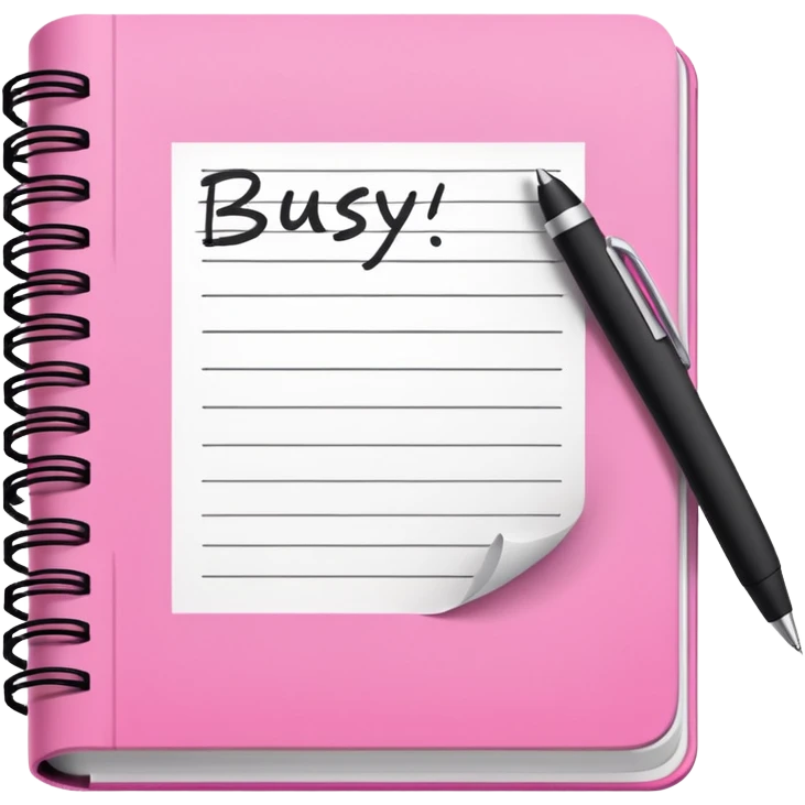 open pink book and note pen add on it the word BUSY emoji