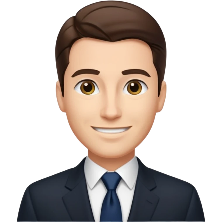 Caucasian man with slicked back brown hair, black suit, navy tie, elegant look standing  emoji