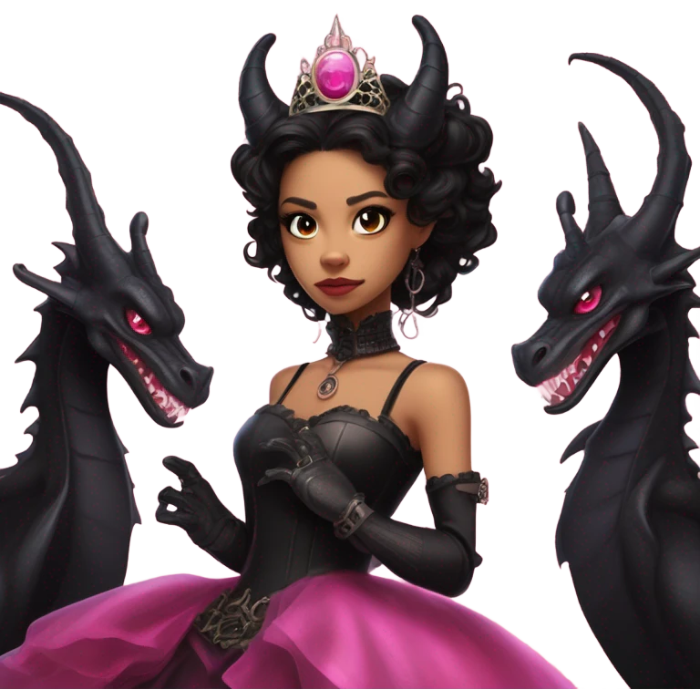 standing flirty Lavish black evening gown with see-through gloves, Jenna Ortega as Addams woman wearing a steampunk mini tiara, very large blood pink evil-looking horned old dragon emoji