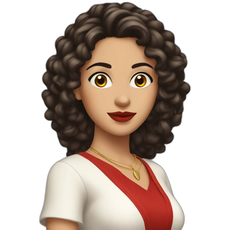 young moroccan woman with dark brown eyes, dark long curling hair, red lips, 2000's outfit emoji