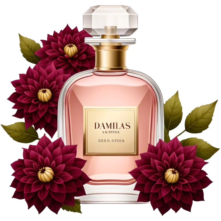 A luxurious glass perfume bottle in Soft Blush with a delicate vintage design, surrounded by a rich arrangement of Scarlet and Burgundy Dahlias, reflecting the beauty of deep red hues. emoji
