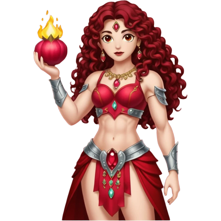 full body woman long curly brown hair brown eyes white skin tattoos muscular build pomegranate empress armor split open jewel seeds glow emoji