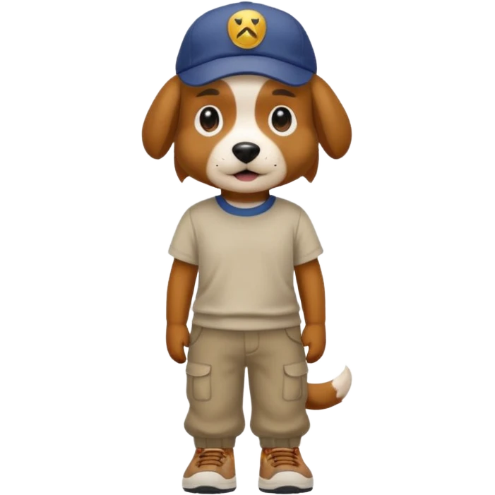 a dog with cap and t-shirt and pants and shoes emoji